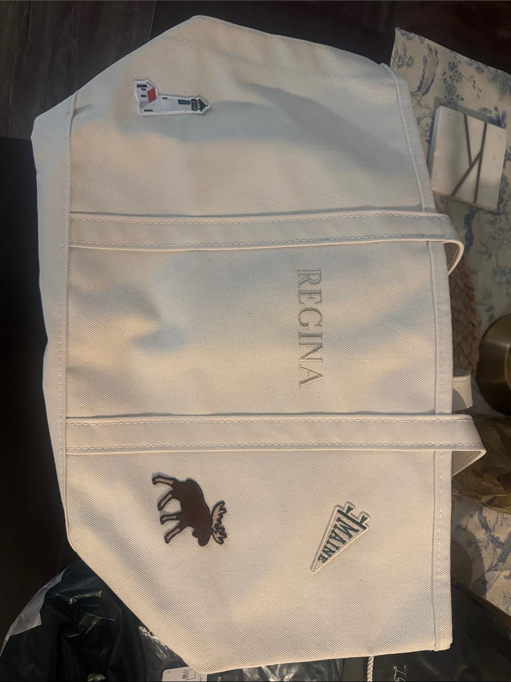 REGINA L.L. Bean White Canvas Tote with Nautical & Moose Patches
